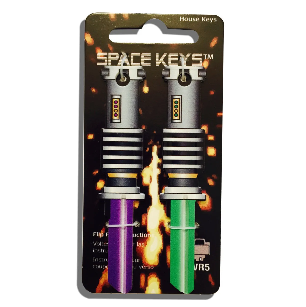 2 Green and Purple Light Saber Shaped Space Keys