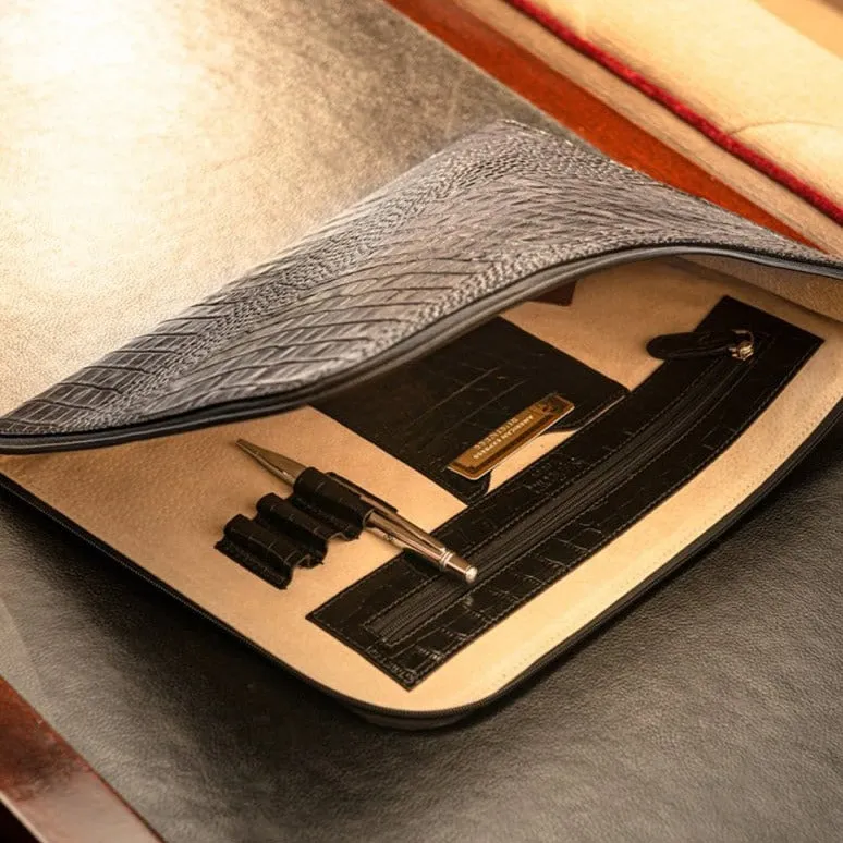 A4 Zip Around Leather Folder - Black Croc