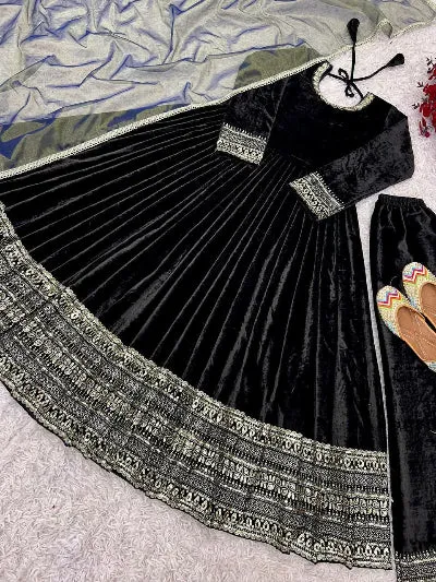 Black Velvet Exquisite Sequence Work Anarkali Suit Set