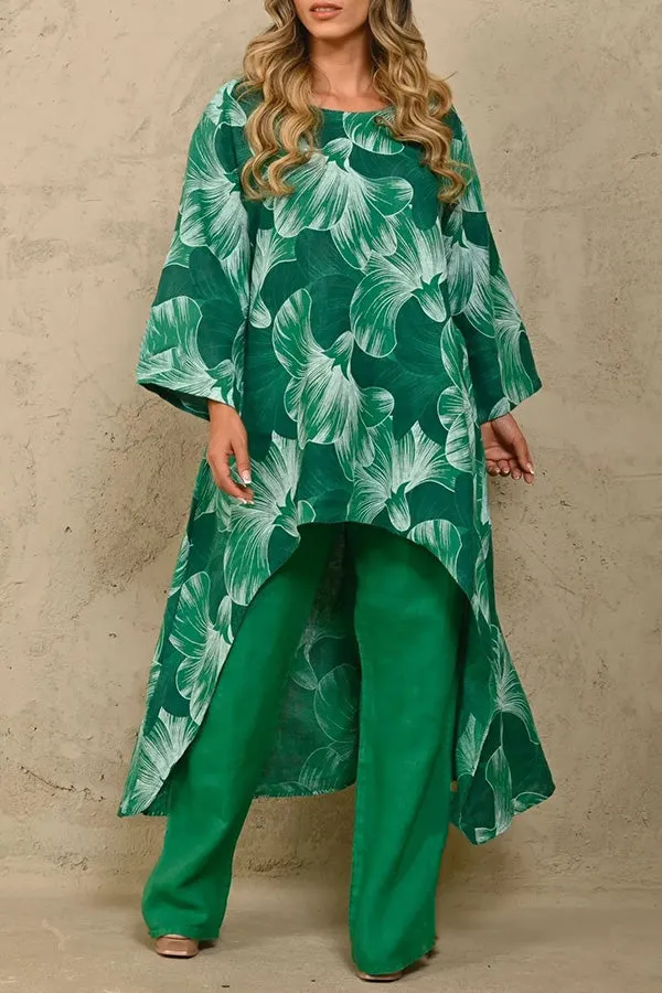 Exquisite Floral Print Crew Neck Paneled Pant Suit