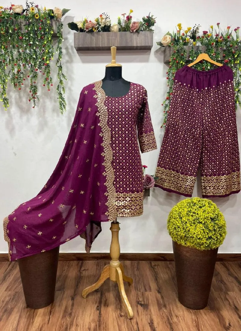 Exquisite Georgette Base Designer Purple Palazzo Suit