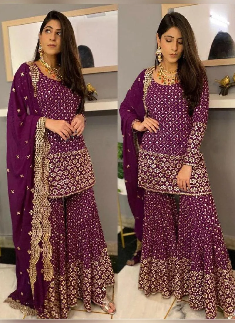 Exquisite Georgette Base Designer Purple Palazzo Suit