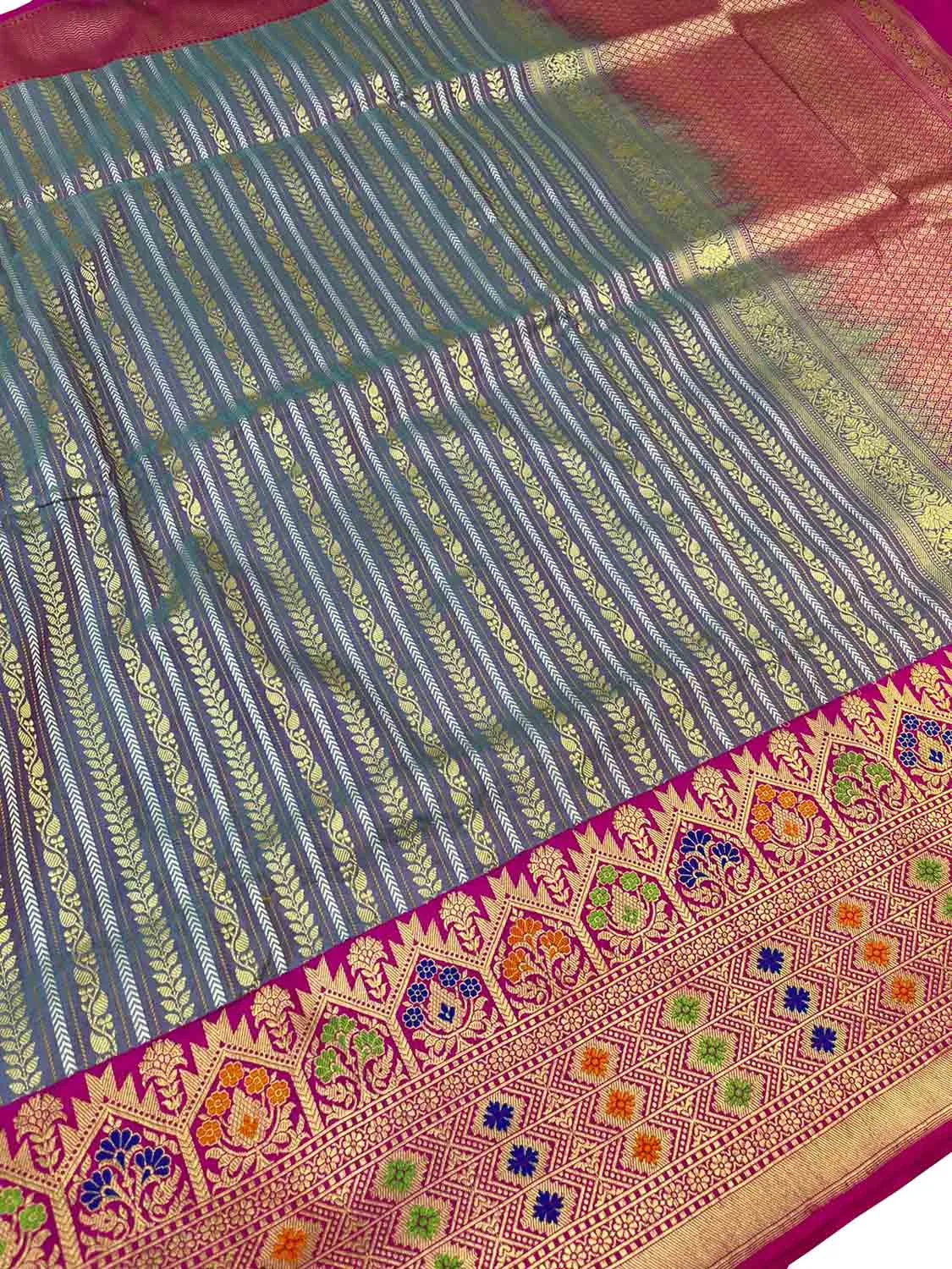 Exquisite Grey Banarasi Katan Silk Saree: Handloom Katan