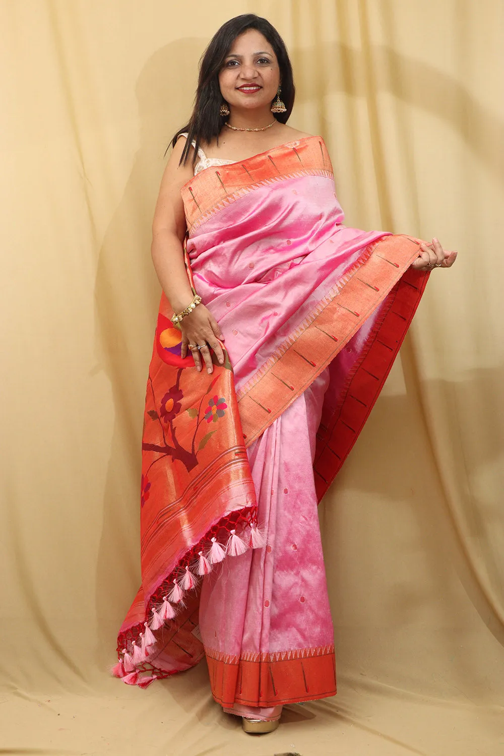 Exquisite Pink Paithani Silk Saree with Parrot Design