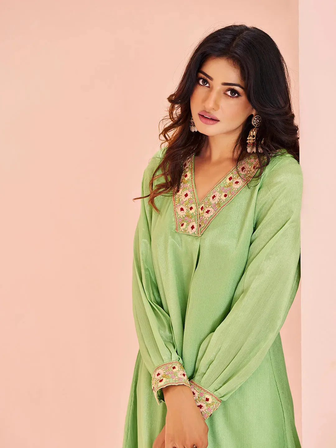 Exquisite Pista Green Chinon Hand Worked Kurta Set