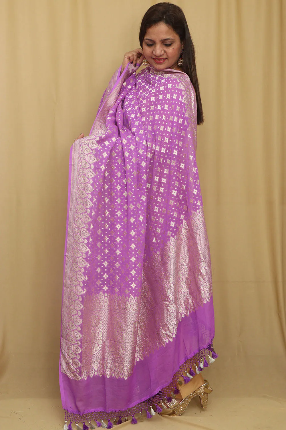 Exquisite Purple Banarasi Handloom Pure Georgette Dupatta