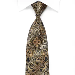 Golden Damask On Navy Blue Rhinestone Tie With Gold Sparkles