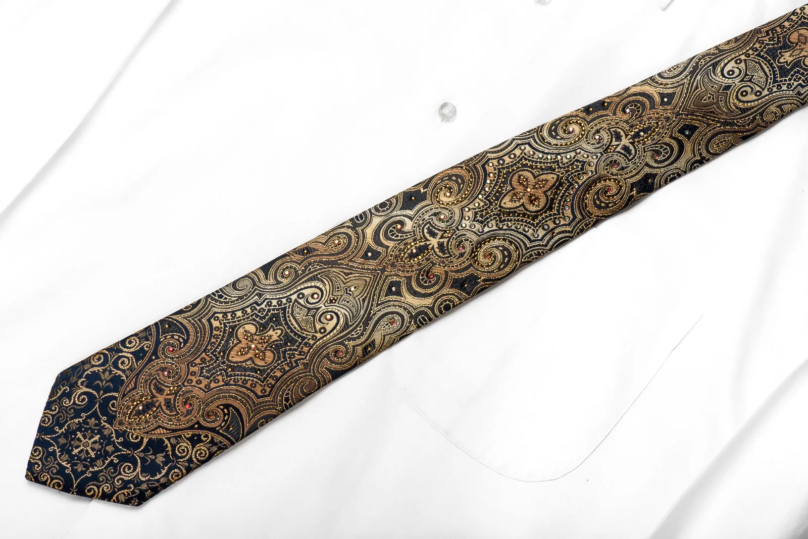 Golden Damask On Navy Blue Rhinestone Tie With Gold Sparkles