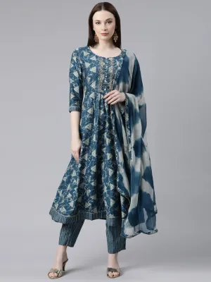 Neeru's Blue Regular Calf Length Printed Readymade Suits