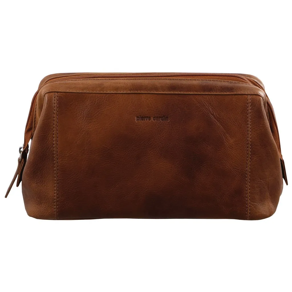 PIERRE CARDIN RUSTIC LEATHER TOILETRY BAG COGNAC