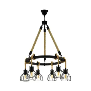 Rampside 6 Light Round Bar Rope and Black Industrial Pendant