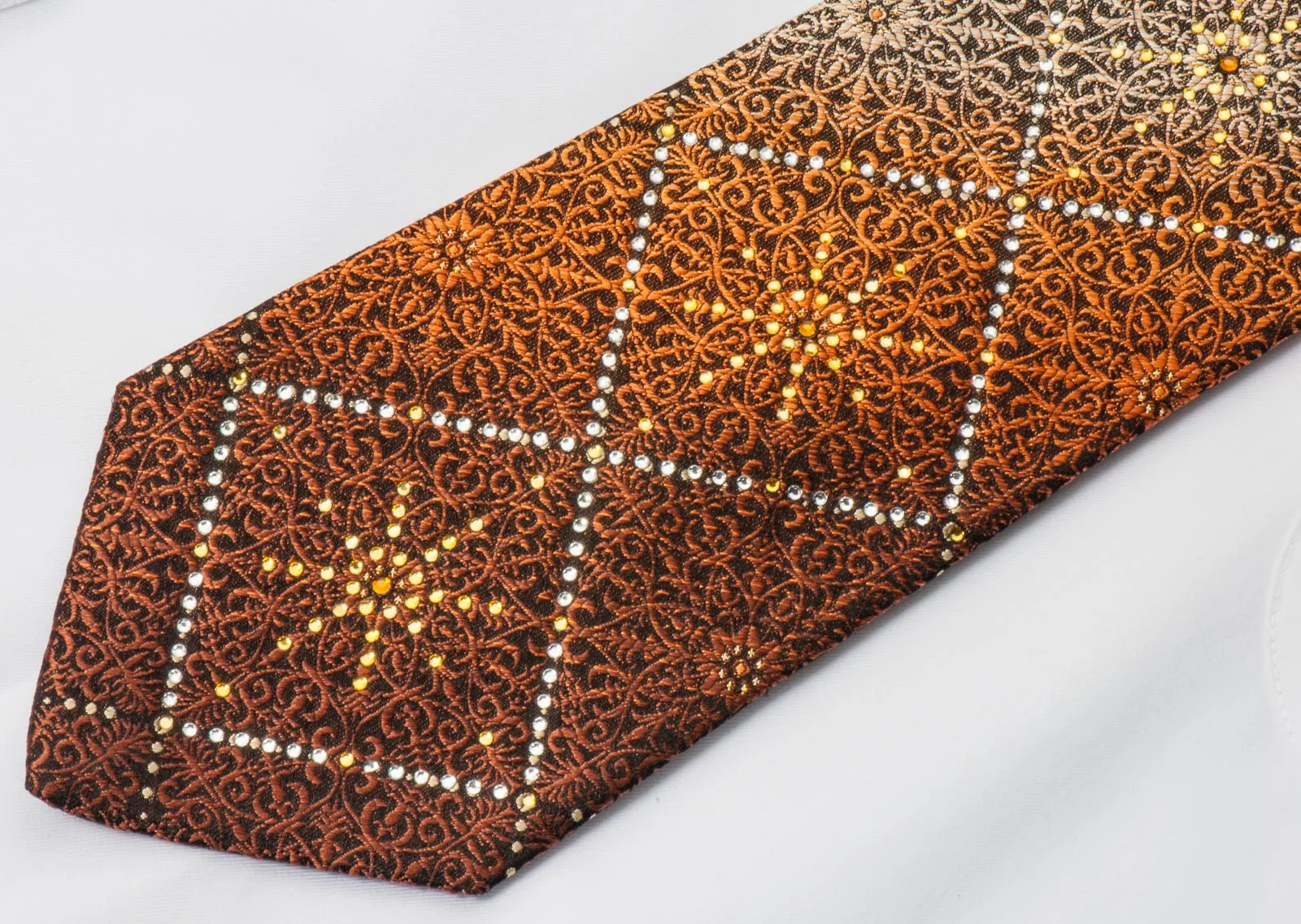 Remizio Men's Woven Silk Rhinestone Necktie Brown Orange Damask Design