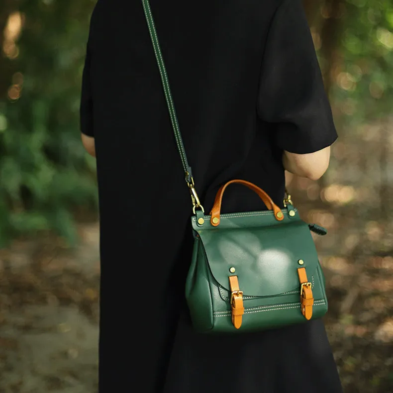 Womens Small Green Leather Shoulder Bag Satchel Backpack For Women