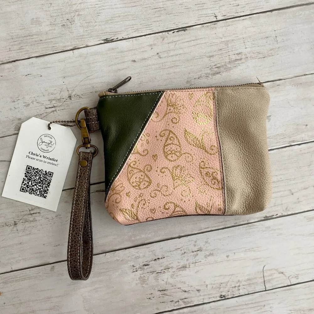 Wristlet in Patchwork Olive, Rose Blush, Wheat, Handpainted Floral